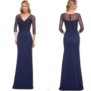 La Femme Beaded Lace Sleeve Ruffled Long Dress